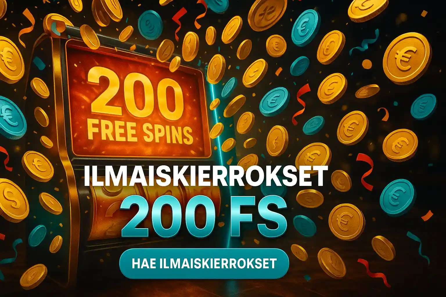 Laaja suomalainen kasinobanneri, 200 ilmaiskierrosta ja kolikkoräjähdys
