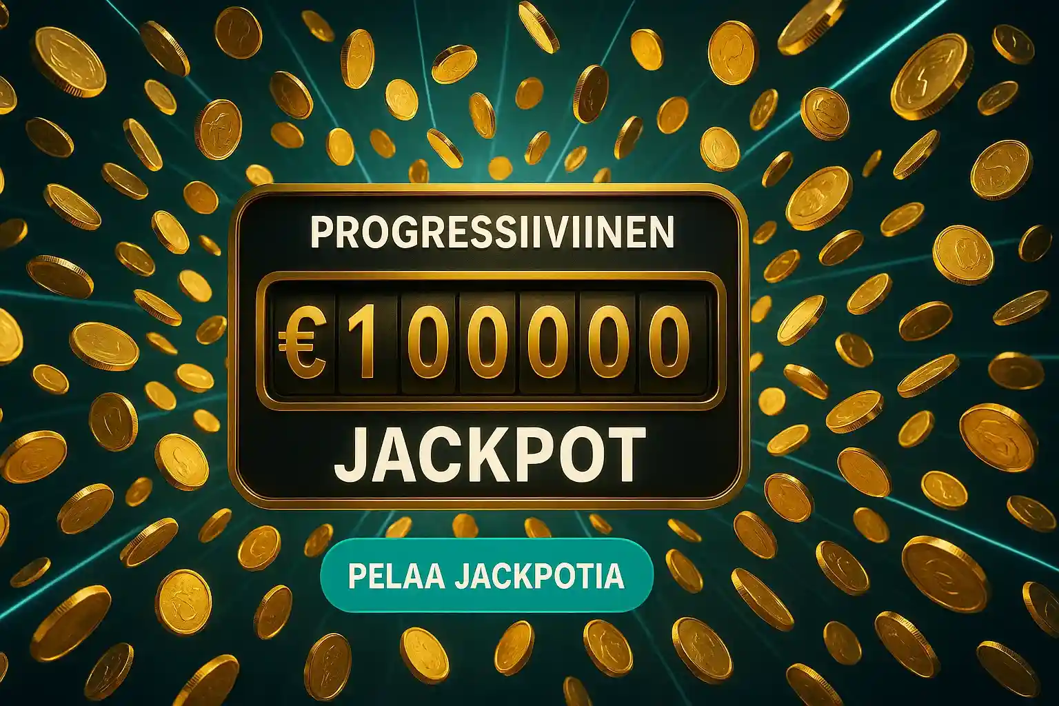 Suomalainen kasinobanneri progressiivisella jackpot-laskurilla, kultakolikoilla ja neonvaloilla