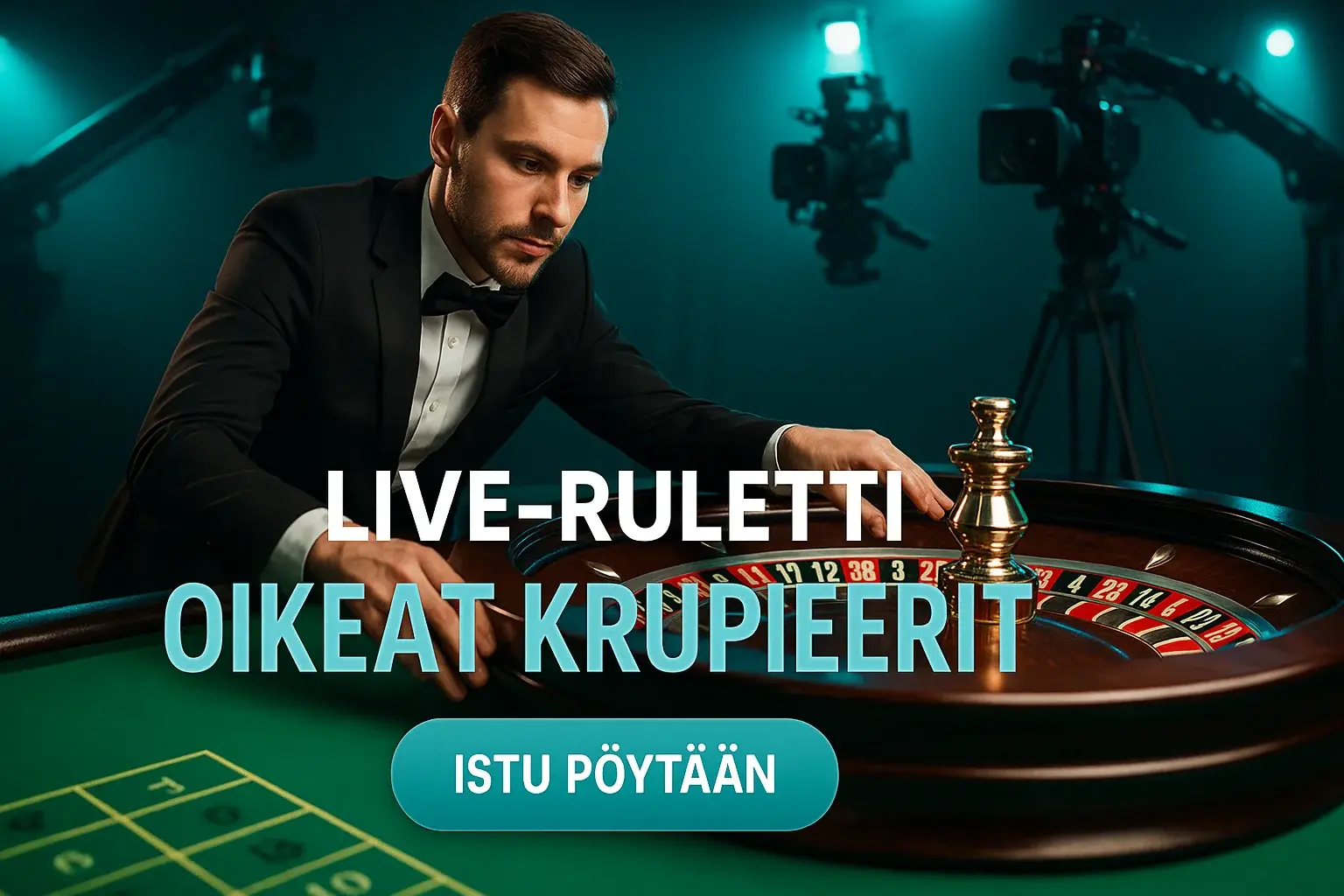 Fotorealistinen live-kasino banneri, krupieeri ruletilla ja studio-spotit