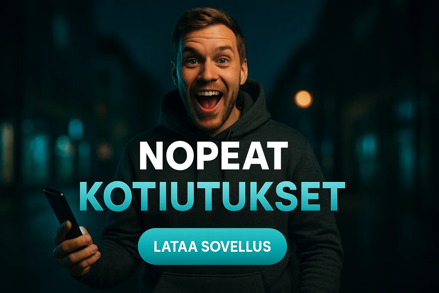 Suomalainen mies hupparissa kasinobannerissa, puhelin hehkuu, teksti Nopeat Kotiutukset