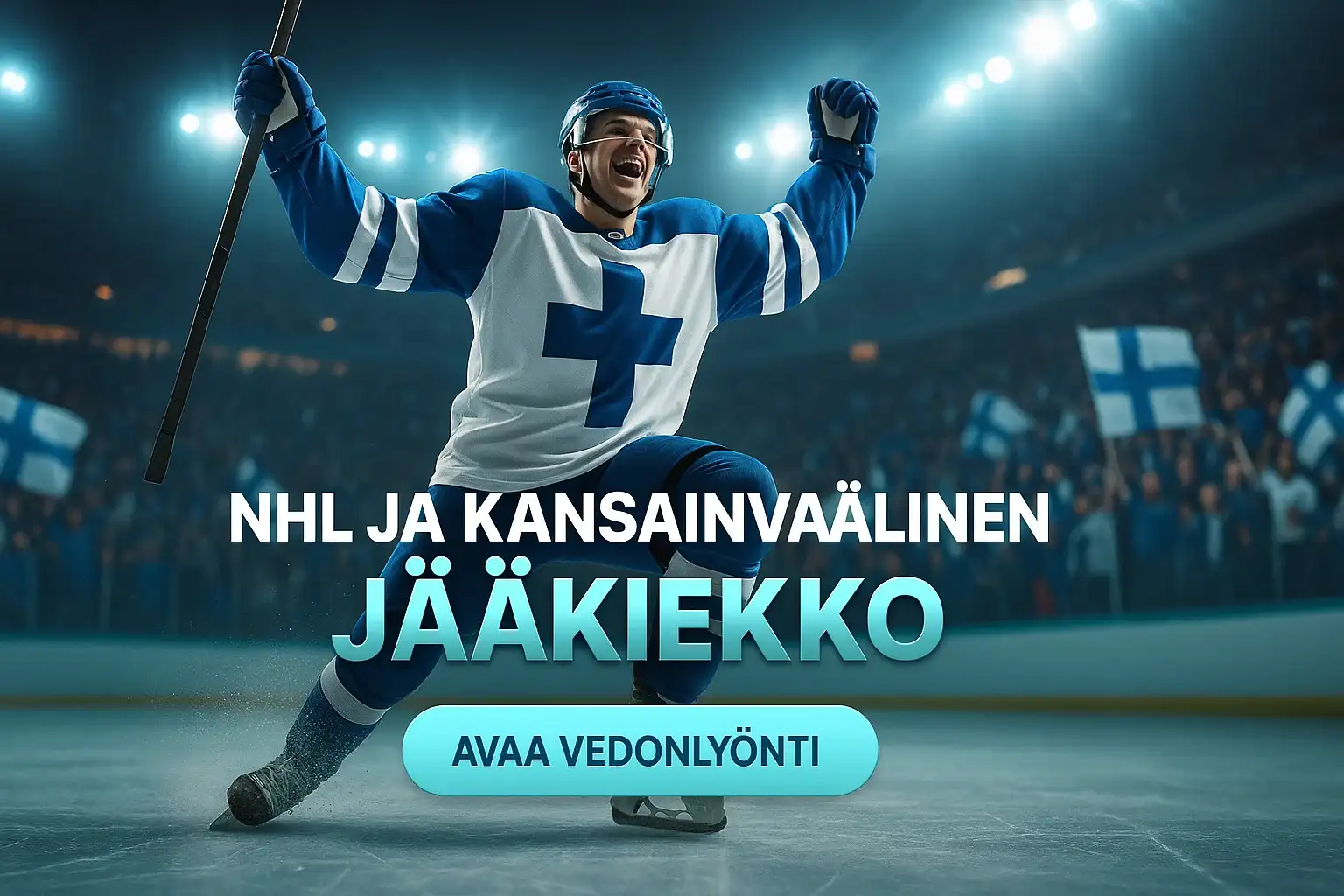 Suomalainen jääkiekkoilija juhlii maalia, vedonlyönti CTA-banneri areenalla